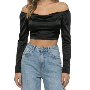 Princess Polly Love Song Top Black Satin Long Sleeve Crop Square Neck NWT US 2